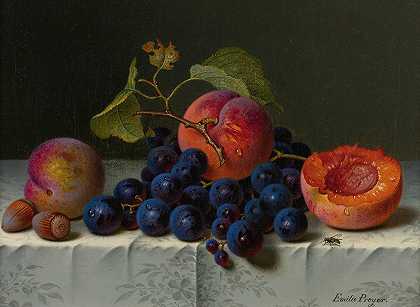 艾米莉·普雷耶的《桌子上的桃子、葡萄和坚果的静物》