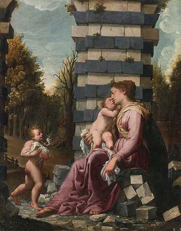 “马多纳和孩子与婴儿圣约翰，在建筑废墟中，北意大利学校的风景