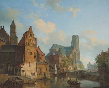 Cornelis Springer的《鹿特丹代尔夫茨·瓦尔特和圣劳伦斯教堂风景》