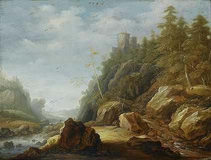 Joachim Govertsz Campuysen的《山顶上有一座山寨，牧羊人带着羊群的岩石山风景》