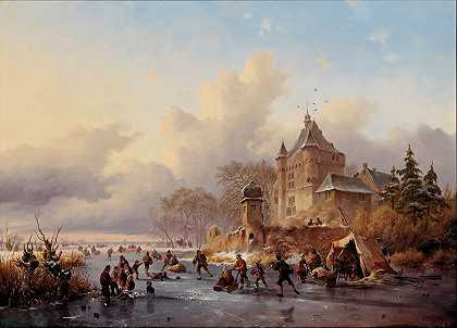 弗雷德里克·马里努斯·克鲁斯曼（Frederik Marinus Kruseman）在城堡附近的冰上活动的冬季风景