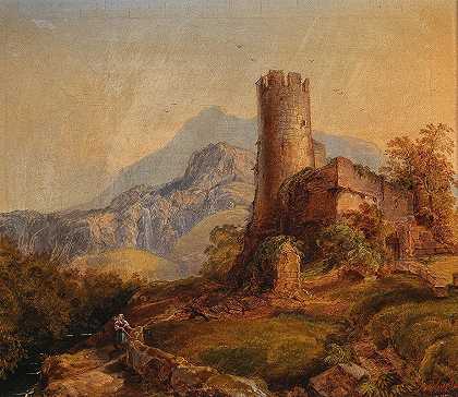 朱利叶斯·西奥多·格鲁斯（Julius Theodor Gruss）的《城堡废墟与人物的山地风景》