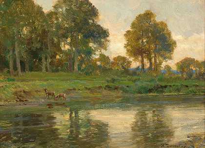 雨果·达诺特的《日落时池塘边的红鹿》