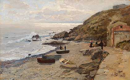 阿尔弗雷德·佐夫（Alfred Zoff）《海岸上渔民的晚间氛围》