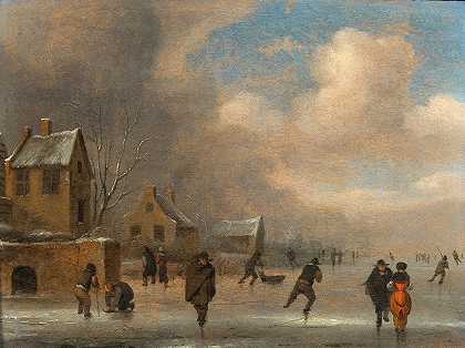 尼古拉斯·莫勒纳（Nicolaes Molenaer）的《冬季风景，冰面上有滑冰者》