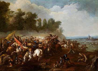 Adam Frans Van Der Meulen的《骑兵在广阔的风景中与远处的村庄进行短兵相接》