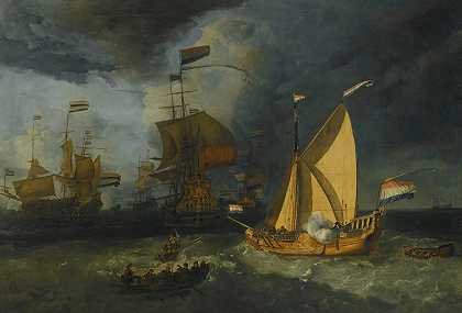 “荷兰舰队在海上，一艘国家帆船向卢多夫·巴赫伊森的追随者致敬
