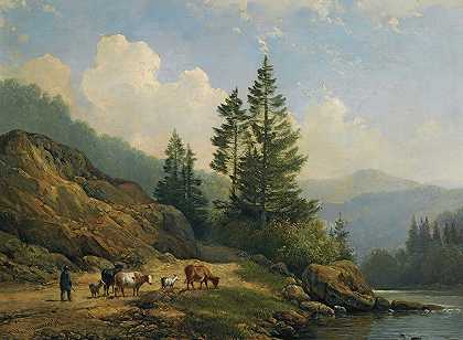 Hendrikus van de Sande Bakhuyzen的《山区风景中的牛群》