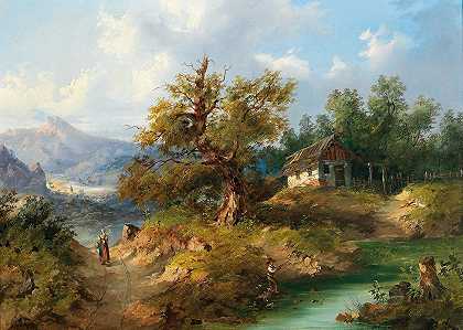 多米尼克·舒弗里德（Dominik Schufried）的《山上风景与山溪边的垂钓者》