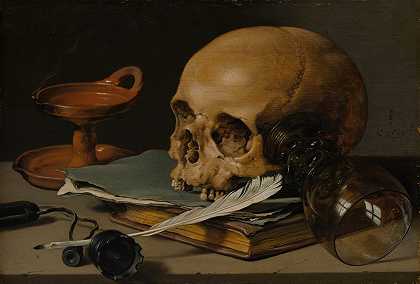 Pieter Claesz的《带骷髅和笔芯的静物》