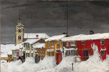 哈拉尔德·索尔伯格（Harald Sohlberg）的《冬天的罗斯街》（Street in Røros in Winter）