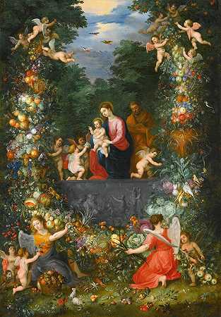 《天使手捧的水果、鲜花和蔬菜花环中的神圣家庭》