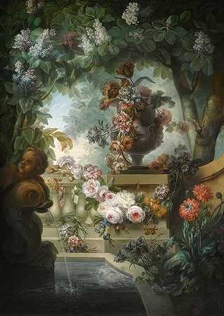 Miguel Parra Abril的《一个花园场景，一个花坛、一个花环和紫藤树冠下的喷泉》