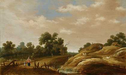 Joachim Govertsz Campuysen的《一个沙丘风景，一个农民妇女和孩子在小路上，远处的农舍》