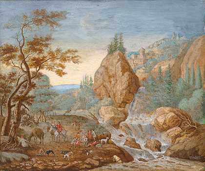 F.C.van Bracht的《山景与前景中的狩猎队》