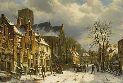 Willem Koekkoek的《荷兰小镇街头的冬天》