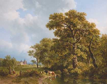 Barend Cornelis Koekkoek的《奶牛浇水的夏季风景，远处的城堡》