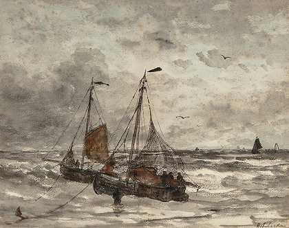 亨德里克·威廉·梅斯达格（Hendrik Willem Mesdag）《在波涛汹涌的海面上停泊的渔船》
