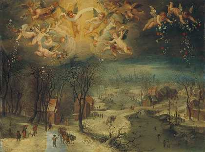 “一幅冬季风景画，村民们在结冰的河流上采集木材和滑冰，普蒂在上面撒花”，作者：Jan Brueghel The Elder
