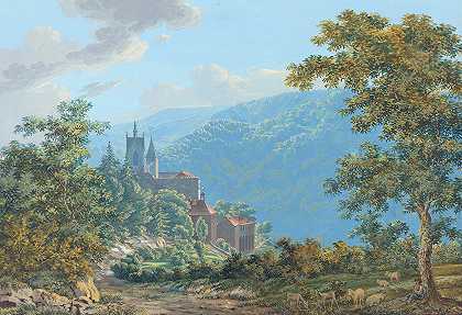 雅各布·威廉·休伯的《日出时山景中的堡垒》