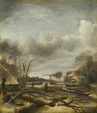扬·范·德·卡佩尔（Jan van de Cappelle）的《冬季风景：一个人在冰封的河边固定雪橇》