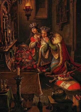 “卢森堡国王阿尔贝二世和他的妻子伊丽莎白在祈祷中，在波希米亚和匈牙利的皇冠祭坛上，以及卡尔·鲁斯的神圣罗马帝国皇冠上