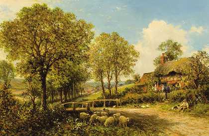 本杰明·威廉姆斯（Benjamin Williams Leader）的《牧羊人和羊群的春天小屋》（Spring Cottage with Shepherd and Flock）