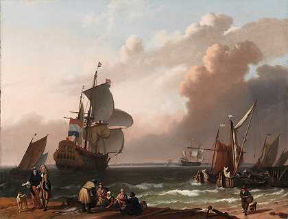 卢多夫·巴赫伊森（Ludolf Backhuysen）的追随者拍摄的“一名战友和其他船只的海岸场景”