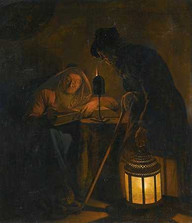 米歇尔·弗斯蒂的《一个老妇人在烛光下读书，一个男人拿着灯笼的室内》