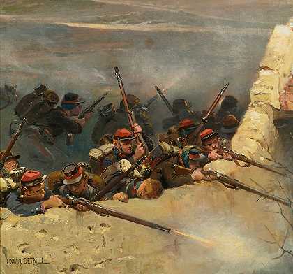 “藏在墙后。排成一行的步兵让-巴蒂斯特·爱德华·德泰尔斯《冠军之战全景图》的一部分