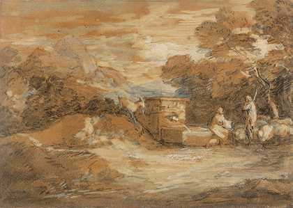 托马斯·盖恩斯伯勒（Thomas Gainsborough）的《人物、绵羊和喷泉的山地风景》