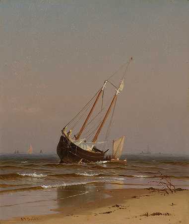阿尔弗雷德·汤普森·布里彻的《海景，沙滩船（索尔兹伯里海滩上岸）》