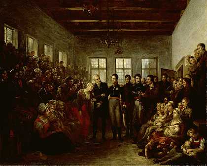 “1825年2月14日，奥兰治王子在阿姆斯特丹阿尔莫奈斯孤儿院看望洪水灾民，作者：马修斯·伊格纳修斯·范布里