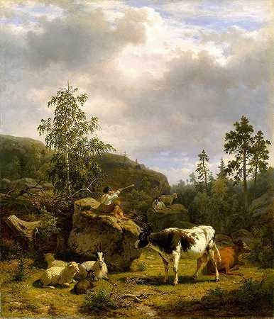 尼尔斯·安德森的《牧童与牛的森林风景》