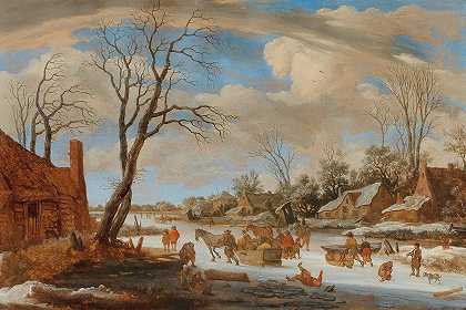 彼得·德·莫利因（Pieter de Molijn）的《一幅冬季风景画，游客和其他人物在冰上》