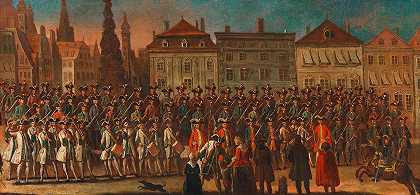 “1745年10月27日，法兰克福皇帝弗朗茨一世和玛丽亚·特蕾莎在法兰克福举行的帝国加冕典礼上，维也纳公民军队在海沟上的游行