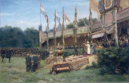 “1895年7月6日，威廉敏娜王后在海牙的马利夫尔德岛上展示龙目十字勋章，玛丽·滕·凯特