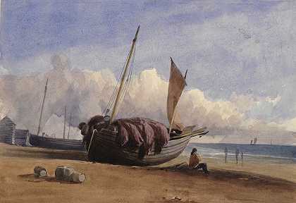 查尔斯·本特利（Charles Bentley）的《带坐着渔夫的沙滩渔船》