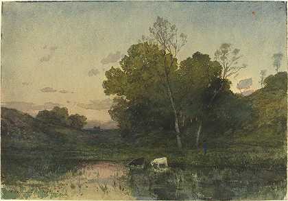 亨利·约瑟夫·哈皮涅斯的《森林湖边的黄昏，牛在喝水》