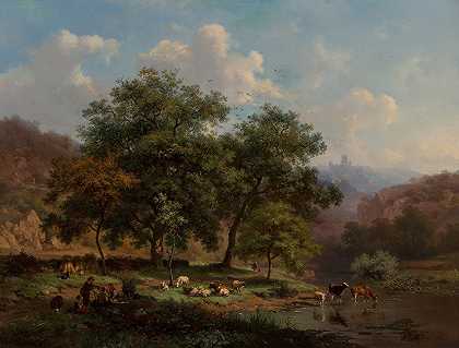 弗雷德里克·马里努斯·克鲁斯曼（Frederik Marinus Kruseman）的《一幅夏天的风景画，画中的人物和羊群在河边休息，牛在河边浇水