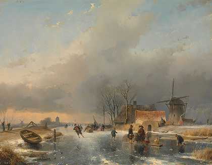 安德烈亚斯·谢尔富特（Andreas Schelfhout）的《冬天的风景，右边是风车和冰冻运河边的房子》