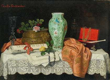 卡米拉·弗里德兰德（Camilla Friedländer）的《带音乐单、珠宝盒和亚洲花瓶的静物》