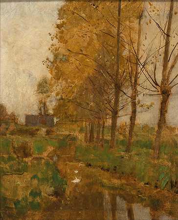 Eugen Jettel的《柳树，秋天的风景》