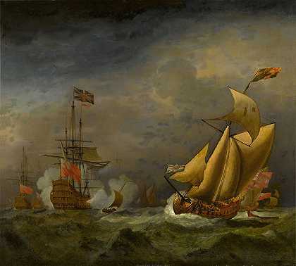 《年轻人威廉·范·德·维尔德的圆环》（Circle of Willem van de Velde the Younger）在波涛汹涌的大海中，一位英国人向一艘英国皇家帆船致敬