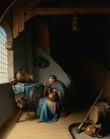 Gerrit Dou的《一位坐在纺车旁窗户旁的老妇人，正在吃粥》