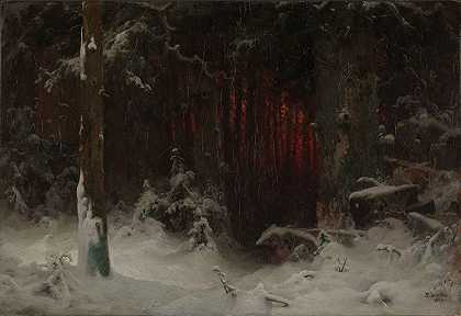卢德维格·芒特的《雪中的森林风景》