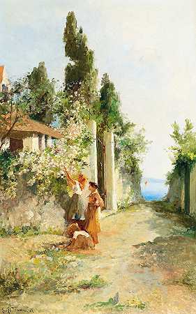 莱昂蒂娜·冯·利特罗的《三个女孩在采集玫瑰》