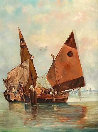 莱昂蒂娜·冯·利特罗的《在泻湖中设置和系泊帆的船》