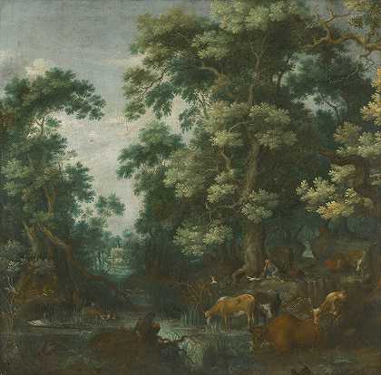 吉利斯·克莱斯（Gillis Claesz）的《河边有鹿和牛的树林风景，附近有睡着的牧民》