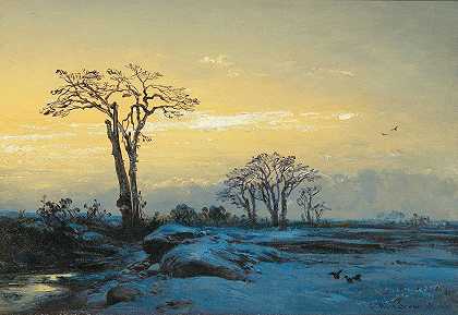爱德华·希尔德布兰特的《冬季开放风景中的乌鸦》